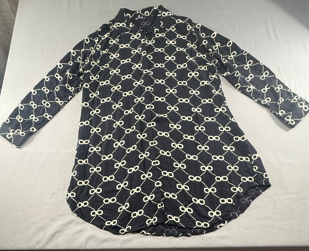 Zenane Women’s Black White Chain Print Button Front Tunic Blouse Size 46